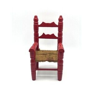 Vintage  Ladder Back Wood Doll Arm Chair Woven Jute Seat 7.5" T X 4"W X 4"D
